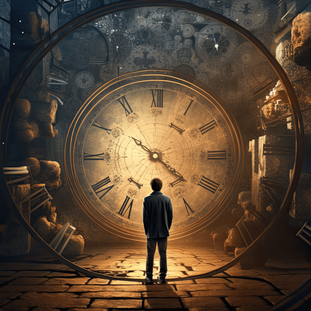 Historical trauma and soul wound healing: a figure standing before a vast illuminated clock, bridging the echoes of time