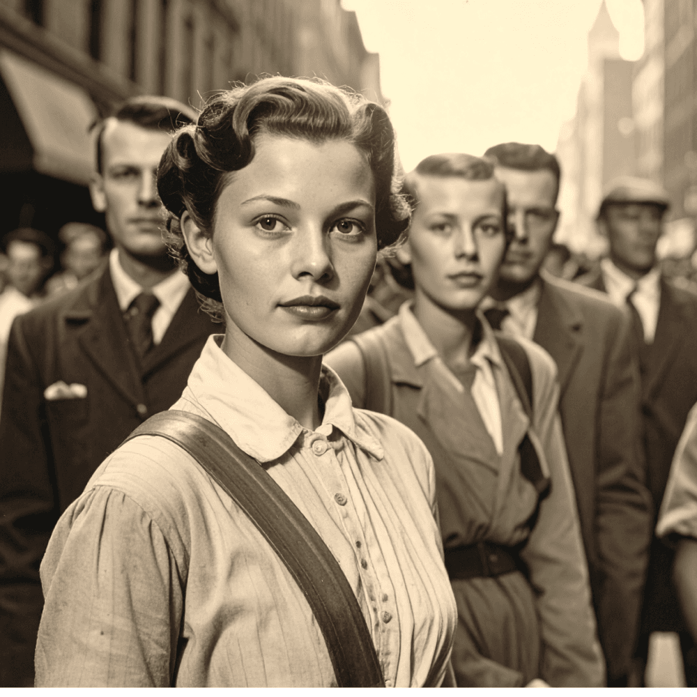 Past life trauma therapy: a black-and-white photograph of a mid-century city crowd, one face turned to the camera