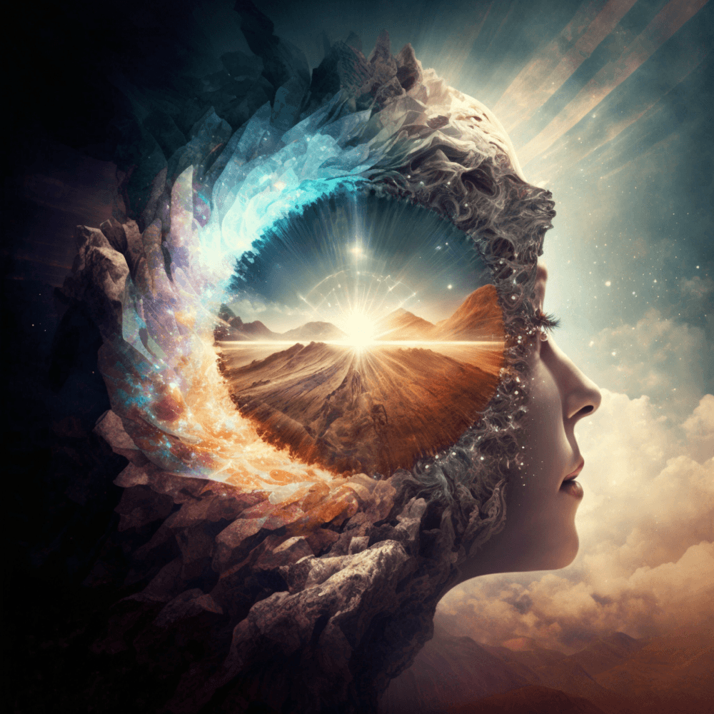 Spiritual awakening: a profile opening onto a sunrise landscape after the dark night of the soul